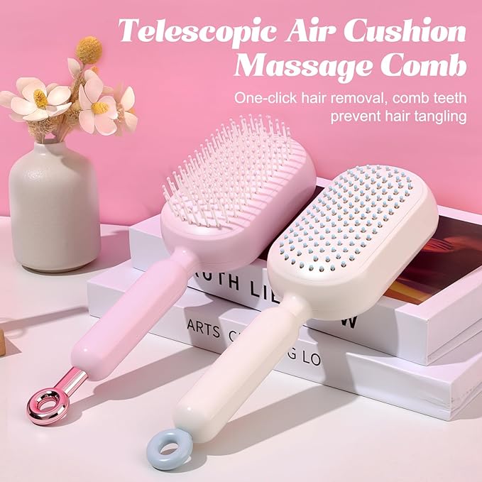 Self Cleaning Hair Brush, Retractable Cushion Massage Comb,Air Cushion Comb,Easy Clean,One-pull Clean Anti Static Brushs, Hairs Styling Tools for All Hairs Types (White)