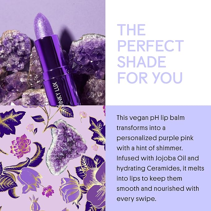 Winky Lux Amethyst Glimmer Balm – Nourishing pH Lip Balm with Color Changing Tint, Hydrating Ceramides Soften Lips, Coconut Scent