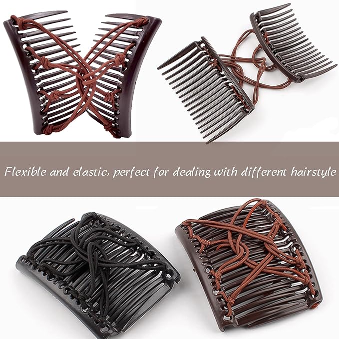 5 Pieces Magic Hair Comb Stretchy Double Comb Elastic Adjustable Hair Clips for Women Girls Vintage Hairstyle Multipurpose Hair Accessories (Black, Brown, Purple, Pink, Blue)