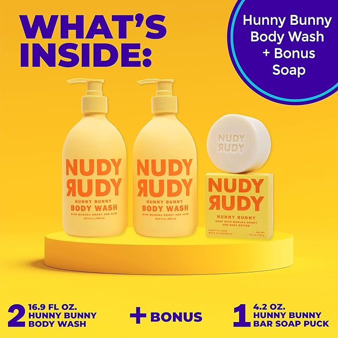 Nudy Rudy Hunny Bunny 2 Pack, Liquid Body Wash Bundle with Bonus Soap Bar, Aloe Vera and Vitamin E, Moisturizing Shower Gel and Body Wash and Bar Soap for Men and Women 16.9 fl oz and 4.2 oz