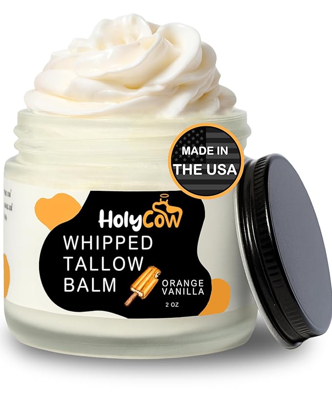 HolyCow Beef Tallow For Skin - Whipped Tallow Balm with Organic Jojoba Oil (Orange Vanilla), Grass Fed Beef Tallow Face Moisturizer for Eczema, Baby, Lip Balm - Lotion For Extremely Dry Skin