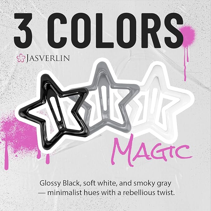 36 Pcs Black Star Snap Hair Clips, Y2k Cute Barrettes for Women Girls Thin Thick Hair, Goth Rave Accessories Non Slip Metal Styling Clip for Concert 3/4 cm Sizes