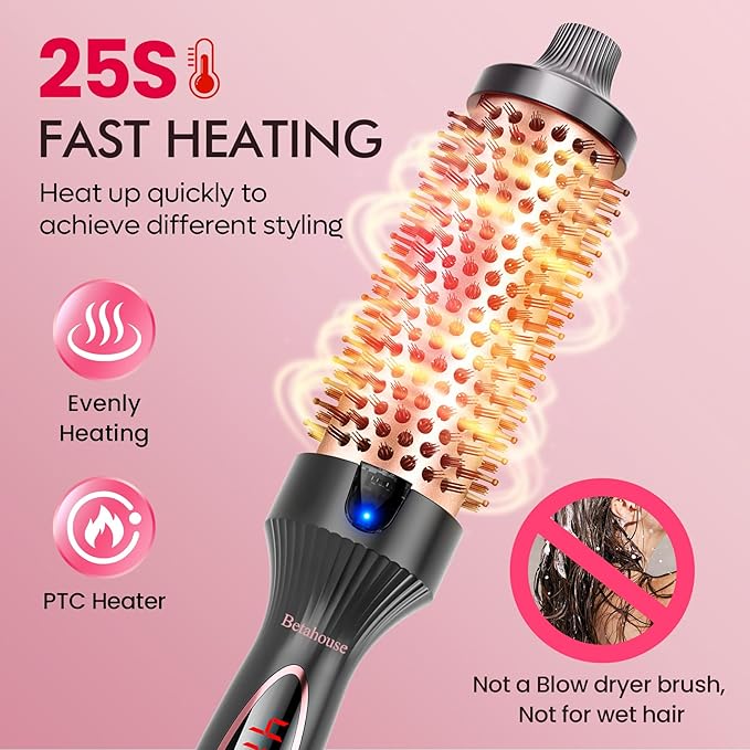 Betahouse Thermal Brush Curling Iron Brushes, 1.5 Inch Heated Round Styling for Blowout, Fast Heating Negative Ion Curling Brushes with 5 Temp Settings, Dual Voltage Hair Styling Tool