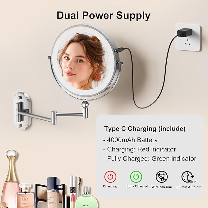 9" Wall Mounted Lighted Makeup Mirror,4000mAh Rechargeable Double Sided 1X/10X Magnifying Mirror with Light,3 Color Lights,Touch Dimmable,Extended Arm 360 Rotation Wall Mounted Makeup Mirror