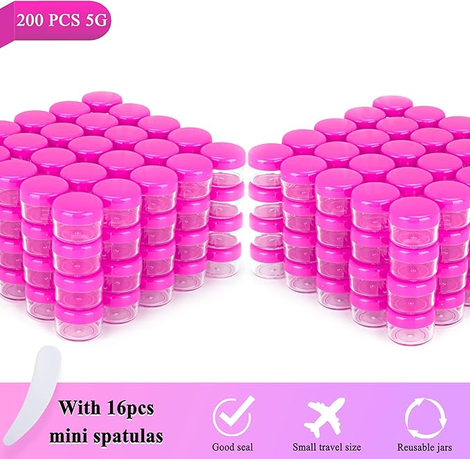 200PCS 5 Gram Sample Containers, 5ml Empty Jars with Lids, Small Cosmetic Containers, Mini Sample Jars with 16PCS Mini Spatulas for Make Up, Oils, Lotion, Powder, Paint, Jewelry, Lip Balms(Pink Lid)