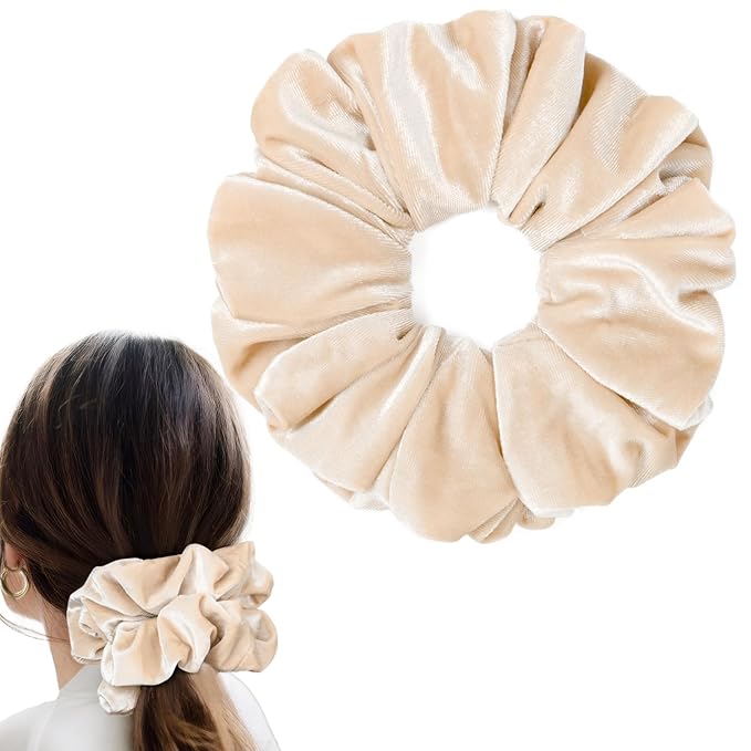 CEELGON Beige Big Velvet Scrunchie 6.5 Inches Jumbo Scrunchies Hair Ties Oversized Ponytail Holder for Thick Curly Hair Extra Large Hair Accessories for Women (Beige)