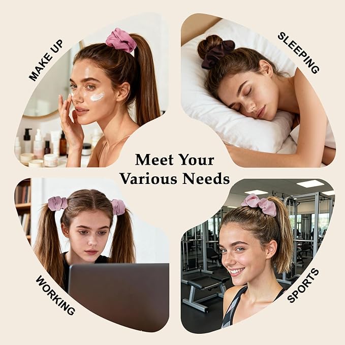 Satin Scrunchies for Women – 8PCS Blush & Brown Silk Hair Ties Set – No Crease, Frizz-Free, Gentle Elastic Hair Bands, Soft & Stylish Everyday Hair Accessories Gifts
