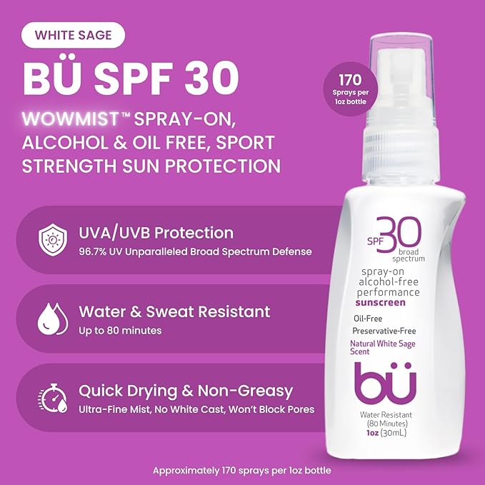 BU SPF 30 Sunscreen Spray for Face and Body, Non Aerosol Spray, TSA Travel Size Sunblock, Clear, Non Greasy, Water Resistant, White Sage 1 oz