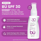 BU SPF 30 Sunscreen Spray for Face and Body, Non Aerosol Spray, TSA Travel Size Sunblock, Clear, Non Greasy, Water Resistant, White Sage 1 oz