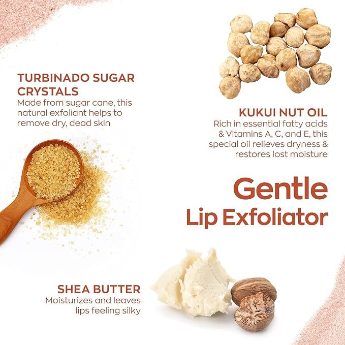 Hanalei Vegan Sugar Lip Scrub Exfoliator - Hawaiian Cane Sugar, Kukui Oil & Shea Butter for Smooth, Hydrated Lips - Natural, Cruelty-Free Lip Care, Removes Dry Skin, Moisturizes & Softens (22g)