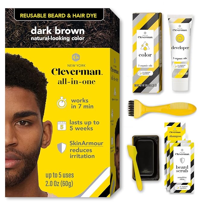 Reusable Hair & Beard Dye System for Men – Up to 5 Uses | 7-Minute Natural-Looking Gray Coverage | No-Drip Cream with SkinArmour® – Cleverman (Dark Brown for Black Men)