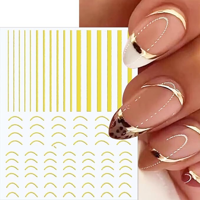12 Sheets Gold Line Nail Stickers Decals 3D Self Adhesive Nail Decals French Nail Art Sticker Gold Wave Stripe Nail Supplies Accessories for or Women Manicure Tip