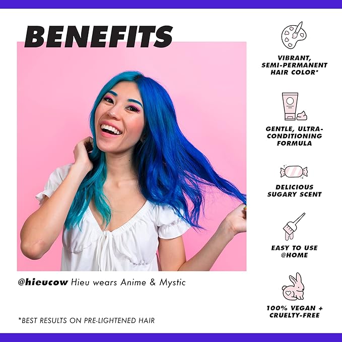 Lime Crime Unicorn Hair Dye Full Coverage, Mystic (Electric Blue) - Vegan and Cruelty Free Semi-Permanent Hair Color Conditions & Moisturizes - Temporary Blue Hair Dye With Sugary Citrus Vanilla Scent