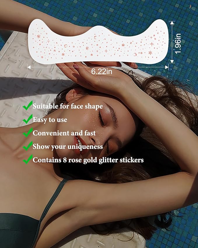 Body Face Glitter Rave Festival Pride Party Accessories - Rose Gold Waterproof Face Tattoos Speckles Makeup Patches for Women - 8 Counts