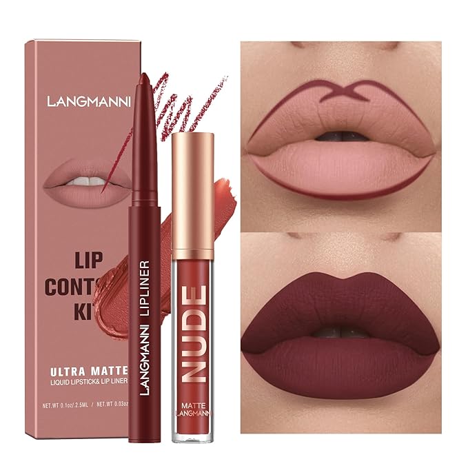 LANGMANNI 4pcs Matte Lipstick with Lipliners Durable Makeup Set,Long-Lasting Non-Stick Cup Not Fade Waterproof Pigmented Velvet Lipgloss Kit Beauty Cosmetics Makeup Gift for Girls(#1+3+5+7)