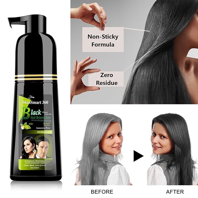 SkinSmart 360® No-Stain Hair Dye Shampoo – Full Gray Coverage for Men & Women, 3-in-1 Color + Cleanse + Condition, Natural Ingredients, Easy No-Mix Formula, 200 mL (Natural Black)