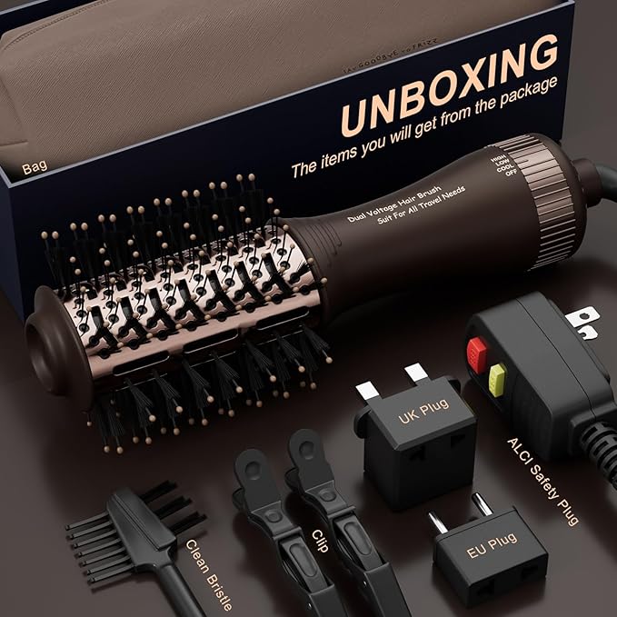 Travel Dual Voltage Hair Dryer Brush 4-in- 1,Portable Mini Hot Air Blow Dryer Straightener & Curler Brush,Titanium Oval Blowout Styler Volumizer Tools-Dark Chocolate
