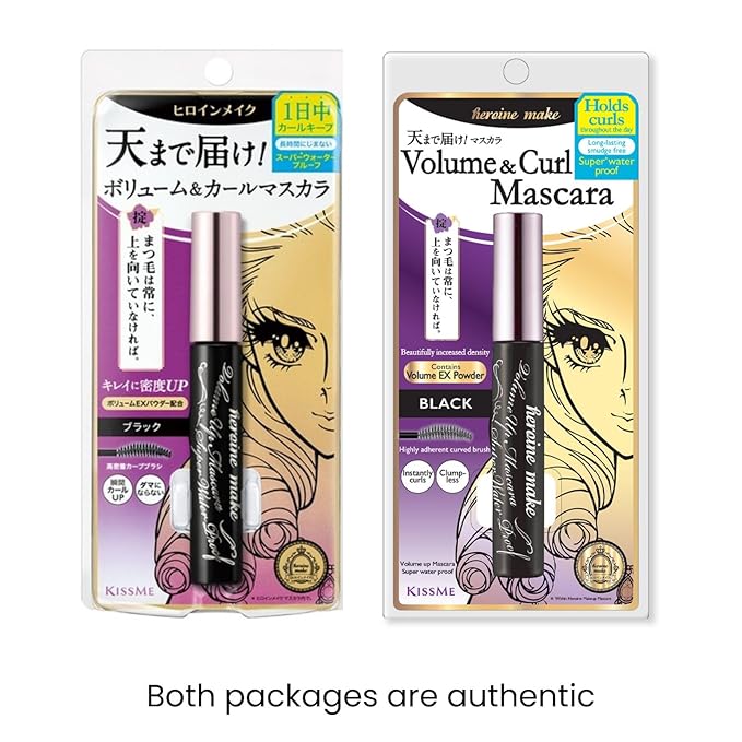 HEROINE MAKE by KISSME Volumizing Waterproof Mascara Volume & Length with Curvy Brush by Defining Fiber for Long-lasting Natural Eyelash Look + Gentle Mascara Remover Oil Free, 2 Set