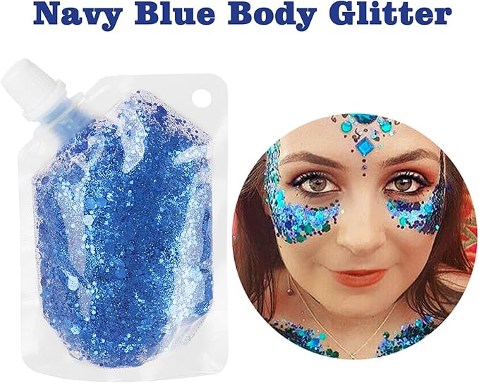 MEICOLY Navy Blue Face Body Glitter,4th of July Face Glitter Accessories,Mermaid Sequins Chunky Glitter Face Paint for Face/Body/Hair/Eye/Lip,Sparkly Body Glitter for Women and Kids