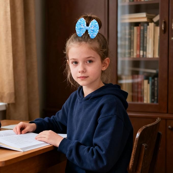 Velvet Sequin Hair Bows Elegant Blue Bow for Women Girls, 4in Glitter Handmade Hair Clips Alligator Clips Sparkly Ponytail Holder Hair Accessories for Christmas, Birthday Party, Wedding, Valentines