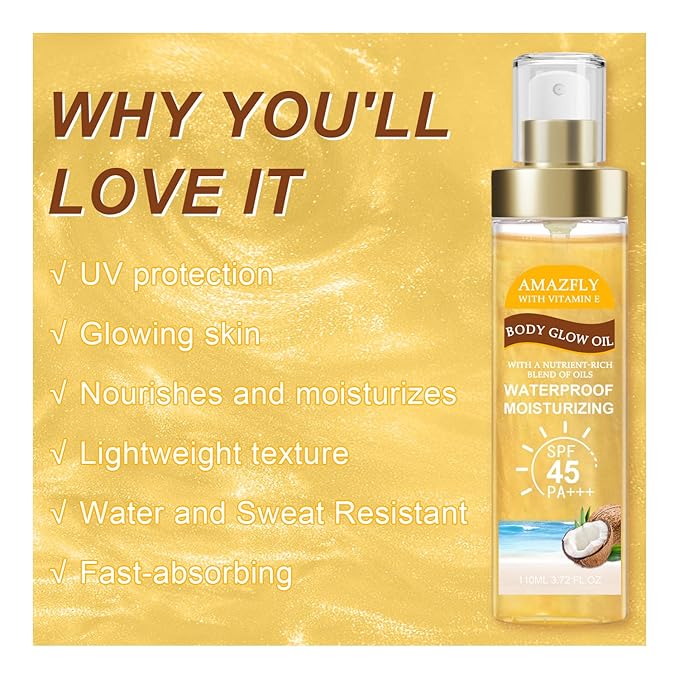 Body Glow Oil, SPF 45 PA+++, Sunscreen Body Oil with Gold Mica, Moisturizing Coconut with Vitamin E, Glow Moisturizer, Lightweight, Water Resistant, 3.72 fl oz,GOLD