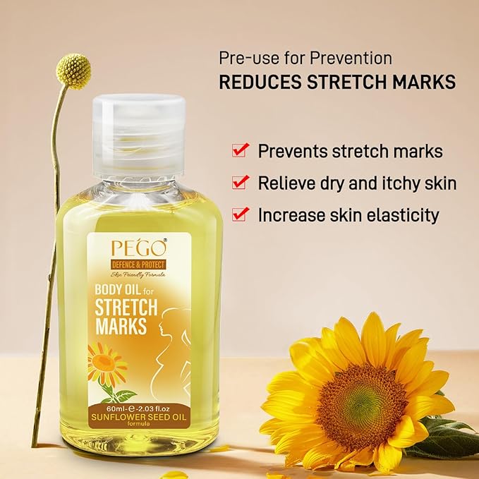 PEGO Stretch Mark Oil for Pregnancy, Maternity Body Oil for Stretch Mark Prevention & Reduction, Hydrating Skin Care, 2.03oz (1Pack)