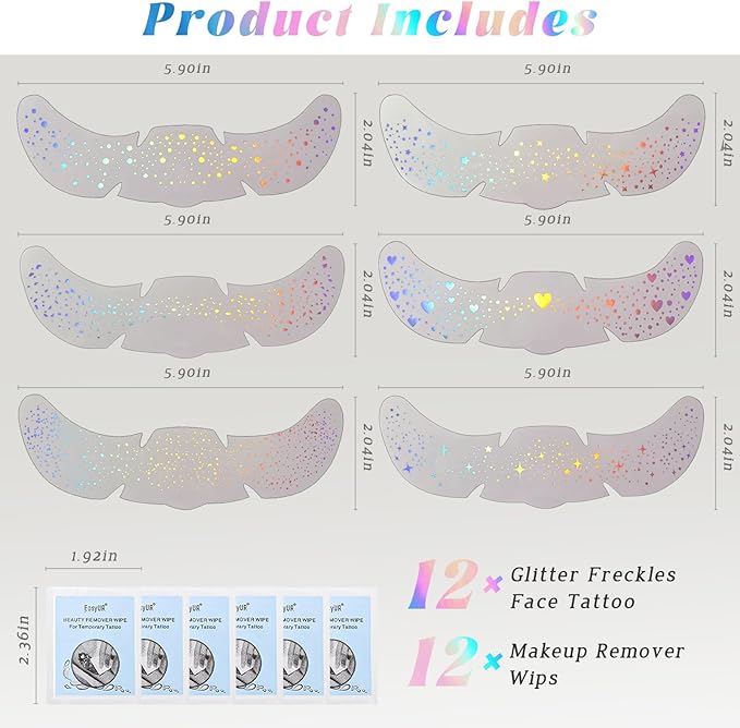 12 pcs Holographic Multichrome Glitter Freckles Face Tattoo, Waterproof Sparkle Face Glitter Speckles Patches for Women, Cute Star Glitter Temporary Tattoo Makeup Accessories for Festival Rave