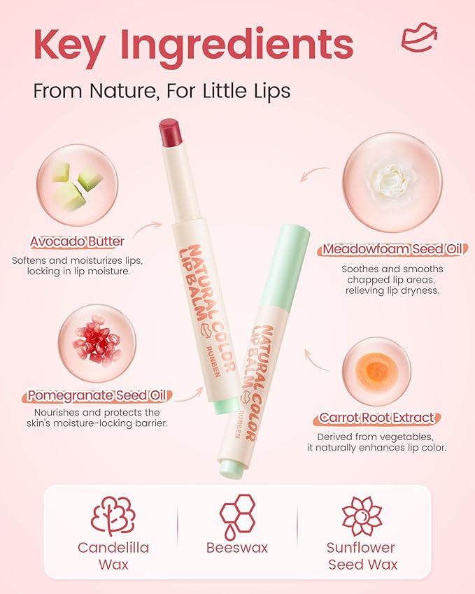 RUNBEN Kids Tinted Lip Balm, Juicy Pomegranate Lipstick, 24H Moisturizing, Safe & Non-toxic Lip Gloss for Kids & Teen, Christmas Makeup Gift for Girls, 2g