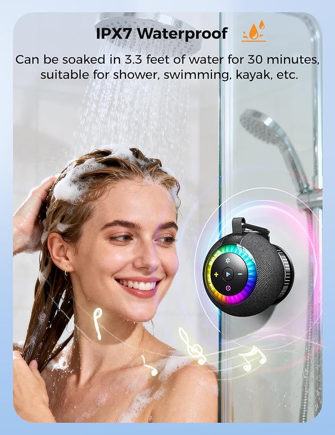 Shower Speaker Bluetooth Waterproof Portable: Birthday Christmas White Elephant Gifts Stocking Stuffers for Adults Teens, IPX7 Loud Sound with Suction Cup Removable, Cool Gadgets with Light-Black