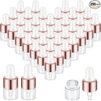 200 Pcs Mini Glass Oil Dropper Bottle Bulk, Clear Essential Small Empty Bottles Sample Containers Perfume Liquid Vials with Cap for Traveling (1 ml,Rose Gold)