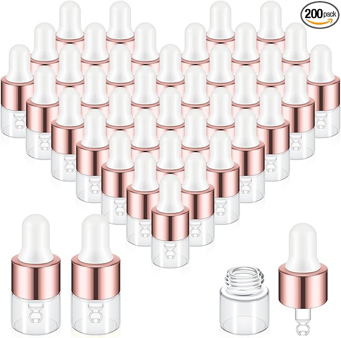 200 Pcs Mini Glass Oil Dropper Bottle Bulk, Clear Essential Small Empty Bottles Sample Containers Perfume Liquid Vials with Cap for Traveling (1 ml,Rose Gold)