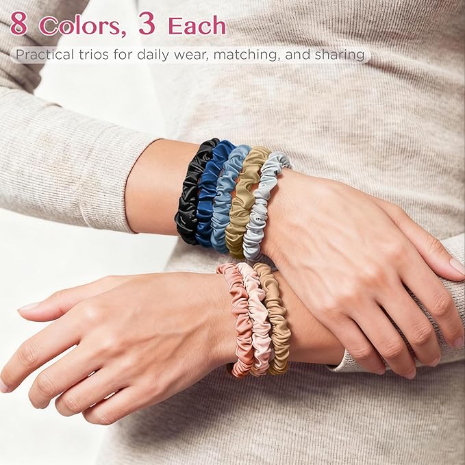 24 Pack Silky Soft Hair Ties, Silk-Like Skinny Scrunchies No Damage Elastic Ponytail Holders for Curly, Thick or Thin Hair, Women and Girls