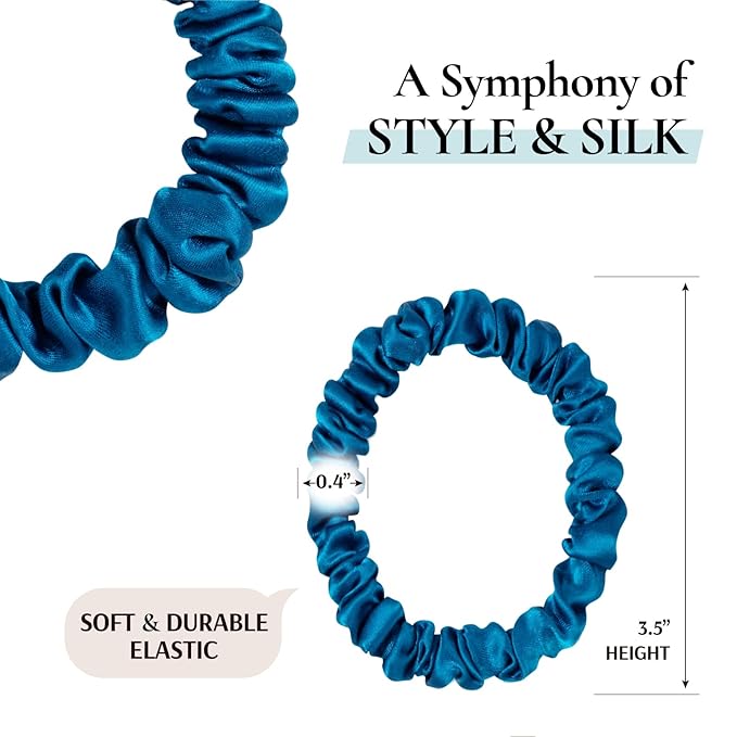 Zenssia Silk Scrunchies for Hair, 4PC Pure Mulberry Silk Hair Ties No Damage, Skinny Elastic Scrunchies for Fine & Thin Hair, Black Navy Royal Blue