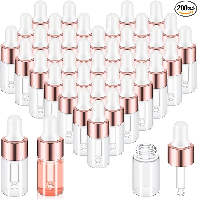 200 Pcs Mini Glass Oil Dropper Bottle Bulk, Clear Essential Small Empty Bottles Sample Containers Perfume Liquid Vials with Cap for Traveling (3 ml,Rose Gold)