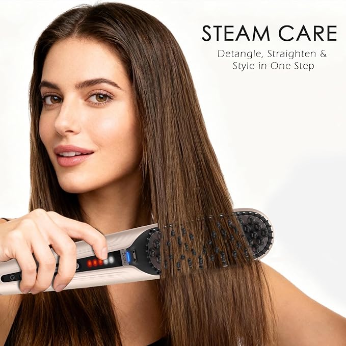 Tome Steam Hair Straightener Brush, 3-in-1 Ionic Straightening Comb with 2 Steam Levels, 3 Heat Settings (356°F–428°F), Dual Voltage 110-240V, Anti-Scald Design for Frizzy & Curly Hair Color Pink
