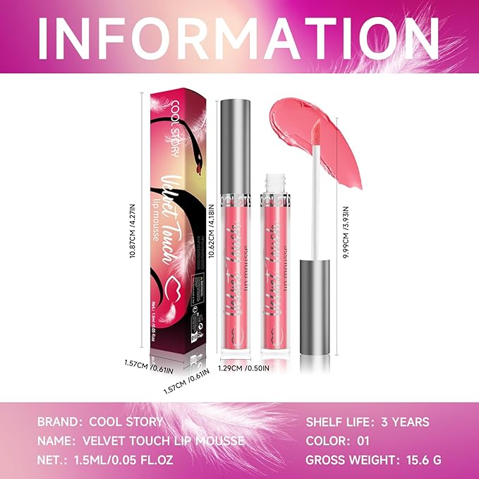 COOL STORY Velvet Lip Stain Mousse, Lip Tint Long-Lasting Waterproof Matte Finish (01)