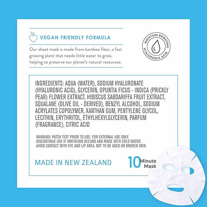 By Nature 2% Hyaluronic Acid Sheet Face Mask for Dry, Dehydrated & Sensitive Skin – Hydration Boost with Prickly Pear & Squalane – Made in New Zealand – Pack of 12