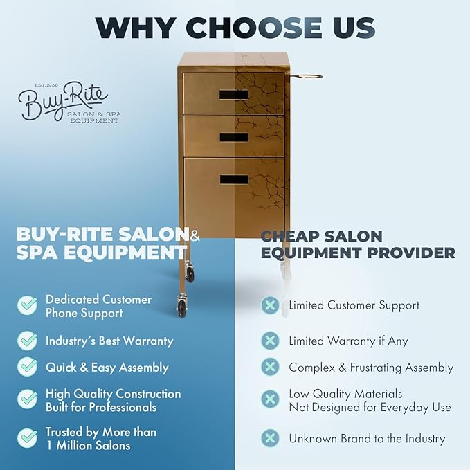 Buy-Rite Electra Metallic Styling Trolley in Gold – Durable Metal Salon Station with 3 Large Drawers, Side Appliance Holder, and Industrial Casters for Hot Tools & Hair Styling, CHM-2883-GLD