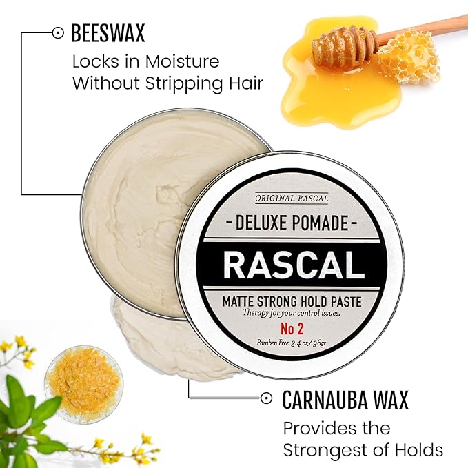 Original Rascal Deluxe Pomade for Men #2 - Matte Hair Paste with Strong Hold & Light Shine - Men's Styling Solutions Products for All Hair Types - Natural Infused with Beeswax & Lanolin Wax
