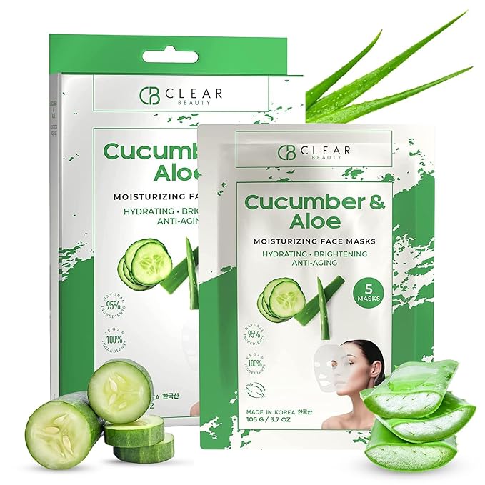 Clear Beauty Cucumber & Aloe Moisturizing Face Mask - Dermatologist Tested, Soothes Irritated Skin, Reduces Wrinkles & Fine Lines, Hydrating, Cruelty-Free Korean Skin Care - All Skin Types - 4 Pack