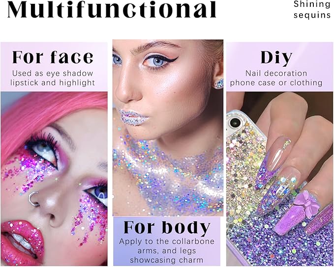 2 Colors Roll-on Body Glitter Gel, Holographic Glitter Gel Under Light for Face Hair, Body Shimmer for Rave Accessories Christmas New Year Halloween Makeup (11+13)