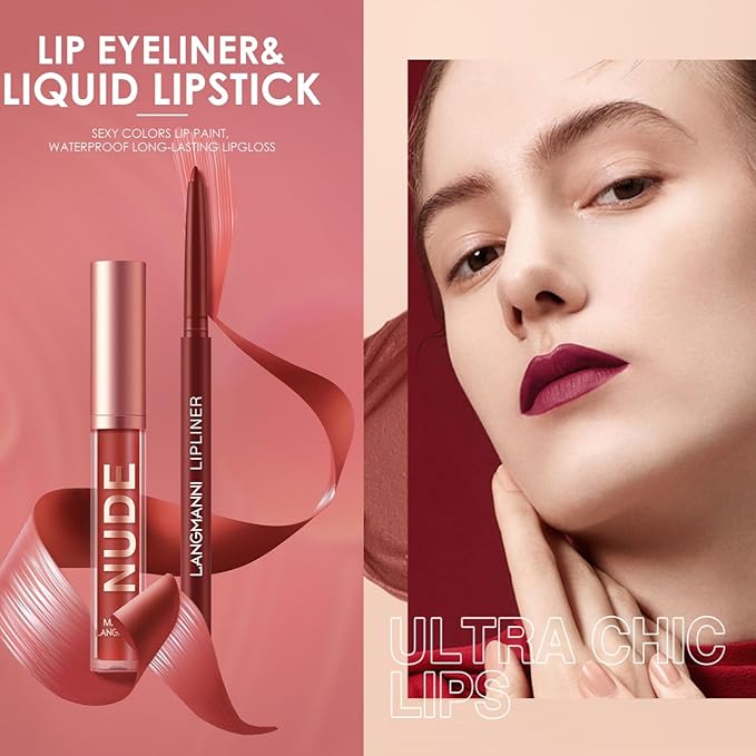 LANGMANNI 6 Matte Lipstick with 6 Lipliners Durable Makeup Set,Long-Lasting Non-Stick Cup Not Fade Waterproof Pigmented Velvet Lipgloss Kit Beauty Cosmetics Makeup Gift for Girls (#B)