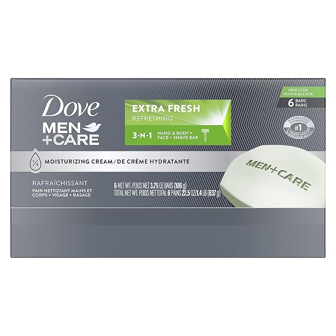 Dove MEN + CARE 3 in 1 Cleanser for Body, Face, and Shaving to Clean and Hydrate Skin Extra Fresh Body and Facial Cleanser More Moisturizing Than Bar Soap 3.75 oz 6 Bars (Pack of 2)