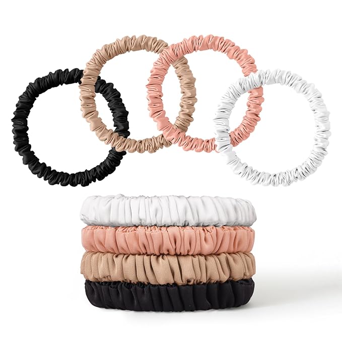 8Pcs Silk Scrunchies Hair Ties for Women & Girls, Mulberry Silk Scrunchies No-Damage Thin Satin Ponytail Holders for Hair Care