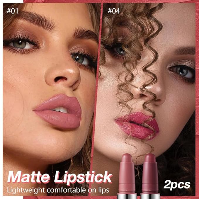 2Pcs Matte Lipstick Crayon Set for Women, Long Lasting Waterproof Velvet Lip Liner Pencil, High Pigment Creamy Lipstick, Longwear Non-Drying Lip Makeup Cruelty-free 24 Hours Original, 01#+04#