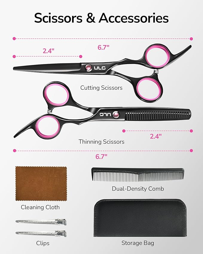 ULG Hair Cutting Scissors Thinning Shears Kit Professional Barber Hairdressing Texturizing Salon Razor Edge Scissor Japanese Stainless Steel 6.5 inch Black