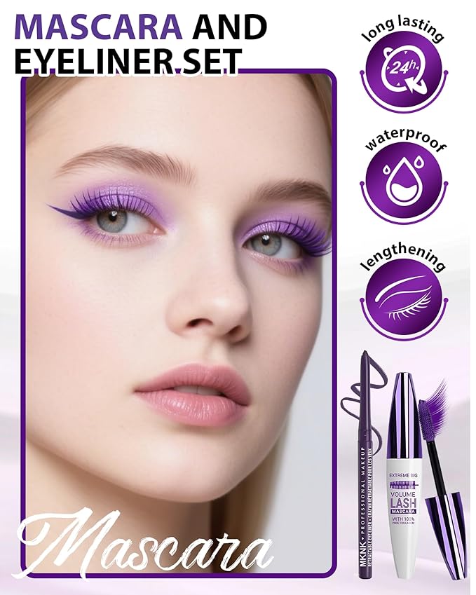 Purple Waterproof Colored Mascara&Eyeliner,5D Fiber Mascara for Eyelashes Volume and Length,Smudgeproof Color Waterline Gel Eye Liner Pen Lengthening Curling Máscara Women Party Stage Use Makeup Gift