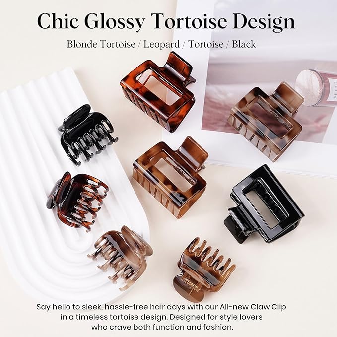 8 PCS Medium Hair Clips for Women Girls - 2 Styles Rectangle and Double Row Teeth Small Claw Clips for Thin Thick Hair, Strong Hold Jaw Clips Stylish Leopard Print Hair Accessories, Tortoise