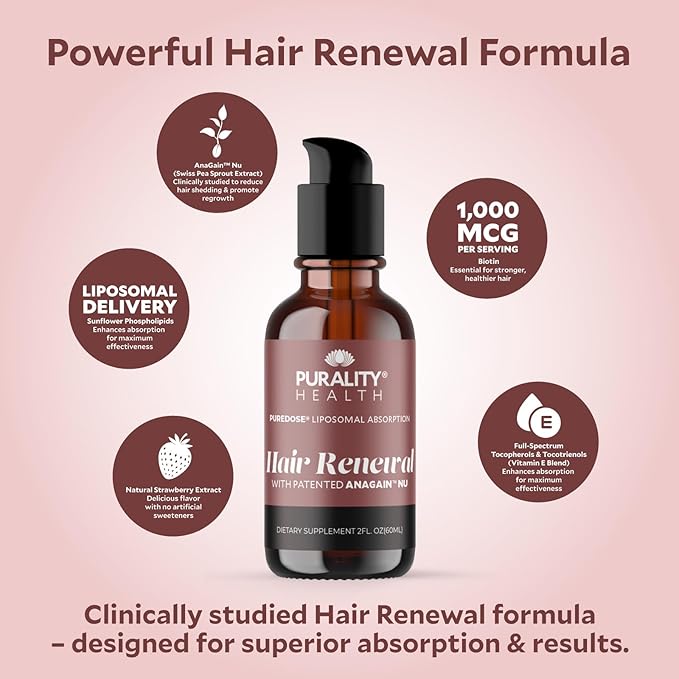 Purality Health Liposomal Hair Renewal, AnaGain Nu & Biotin, Supports Thicker, Fuller Hair, May Reduce Shedding & Promote Regrowth, Highly Absorbable Liquid Formula, Strawberry Flavor, 30 Servings