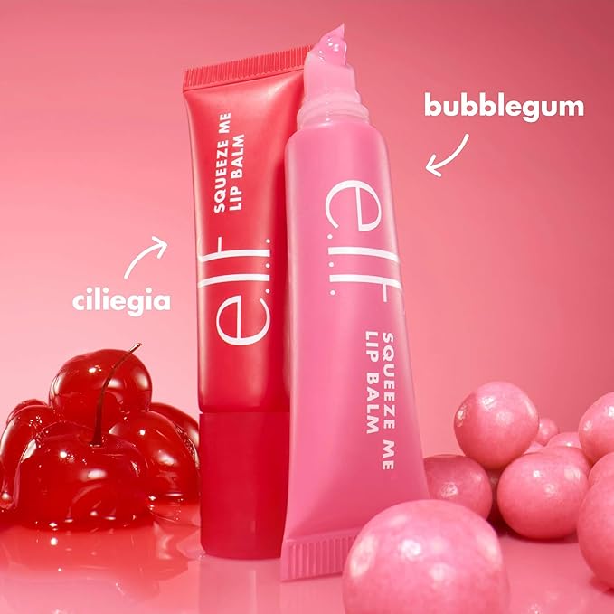 e.l.f. Squeeze Me More Lip Balm Duo, Moisturizing Balm For A Sheer Tint Of Color, Made With Hyaluronic Acid, Vegan & Cruelty-Free, Cherry & Bubblegum (Pack of 2)